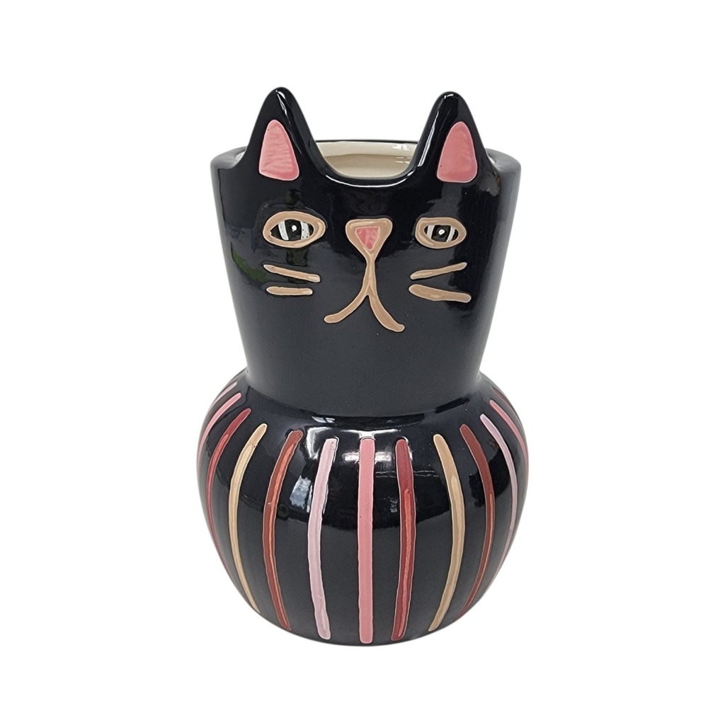 Threshold Black Cat Ceramic Planter Halloween Whimsical Small Striped Kitsch 7"